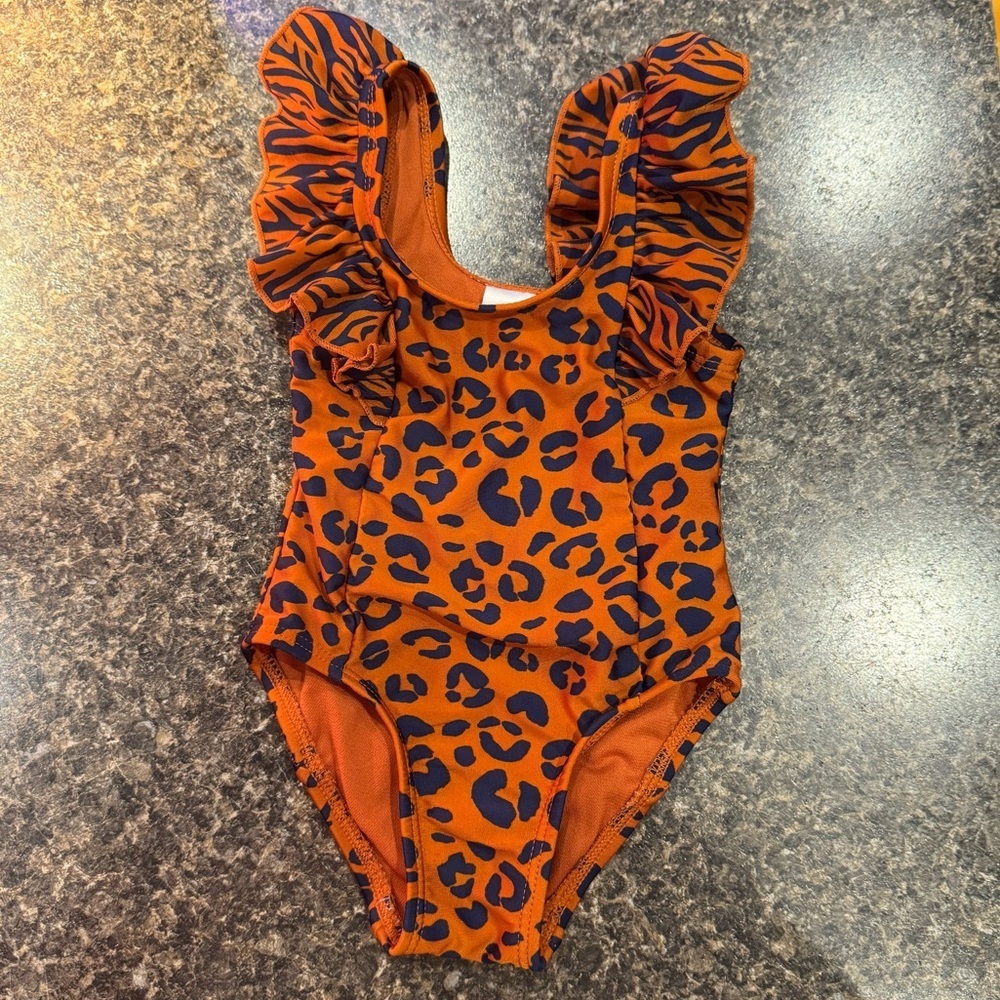 Orange Leopard Print Ruffle Swimsuit - Picture 1 of 4